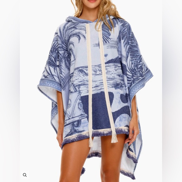 Free People Other - NWOT- Free People - Agua Bendita Blue and White Hooded Beach Poncho